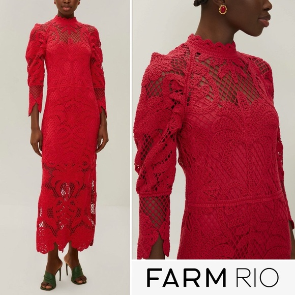 FARM Rio Red Lace Long Sleeve Knit Dress XXS NWT